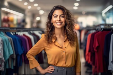 Customer Service Smile, Young Attractive Hispanic Cashier Assisting Shoppers, Confident Hispanic Clothing Store Owner Professional Portrait