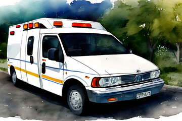 Lone ambulance on the street parked ready for emergency rescue response watercolor style