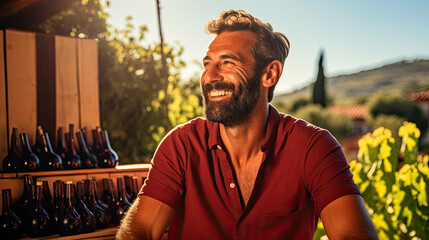 Sunny Tuscany, vineyard farm .a closeup photo portrait of a handsome Italian men