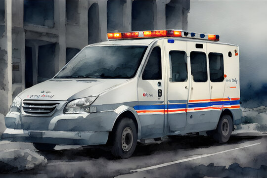 Lone ambulance in the street parking lot ready for emergency rescue response call from the hospital watercolor style