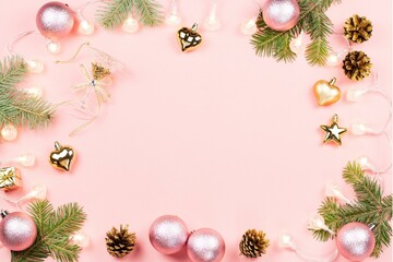 Fototapeta na wymiar Christmas Decoration Frame on Pink Background