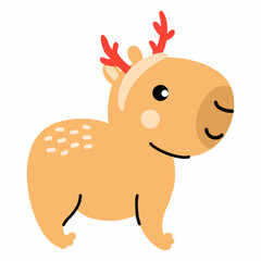 Cute capybara with deer horns. Vector doodle illustration. Sticker for Christmas or New Year.