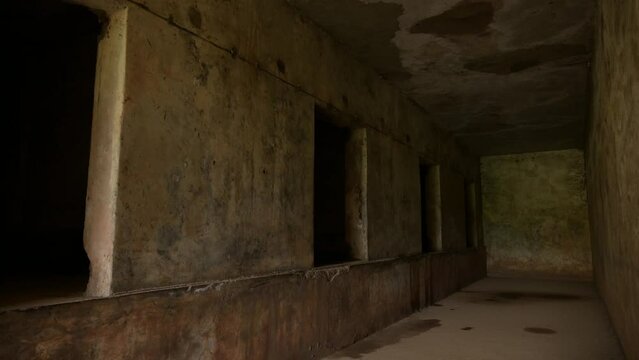 Prison and place of torture of dictator Idi Amin, Africa. First person walking point of view
