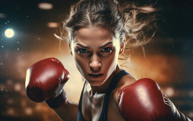 Professional female boxer in a heavy fight game take extreme punch in face sport action close-up photo. Generative AI