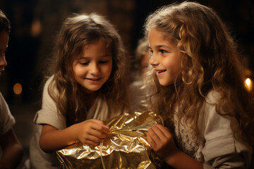 Obraz na płótnie Canvas Christmas gifts under the tree. Happy children. Christmas gift boxes.