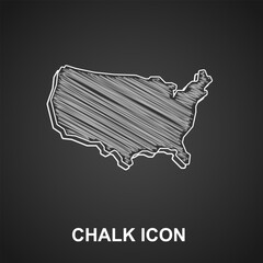 Chalk USA map icon isolated on black background. Map of the United States of America. Vector