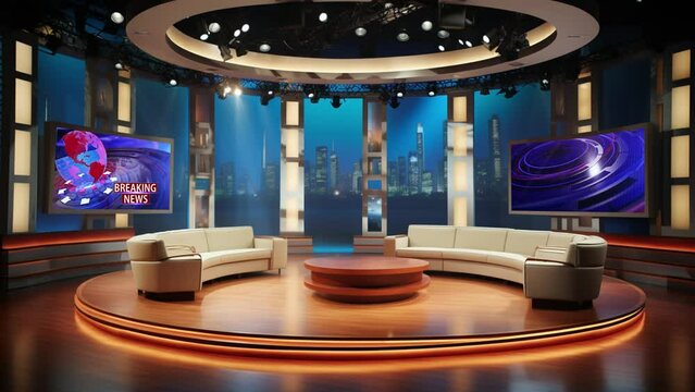 Studio Stage Design For Television News Programs A jpg still image with green screens is included