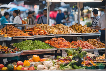 Fototapeta na wymiar Bustling and bustling Southeast-style food market stalls