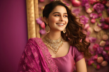 Young and beautiful indian woman wearing jewelry.