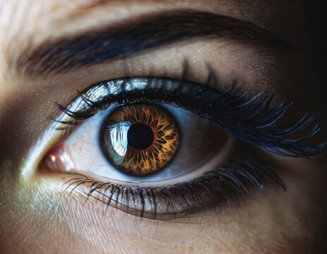 Macro photo of brown gold startled, ​frightened, afraid, scared, fearful or panicked human woman eye with mascara makeup for oftalmology, healthcare and cosmetics purposes 