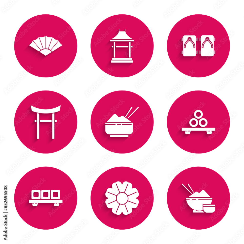 Poster Set Rice in a bowl with chopstick, Flower, Sushi on cutting board, Japan Gate, Geta traditional Japanese shoes and Paper chinese or japanese folding fan icon. Vector