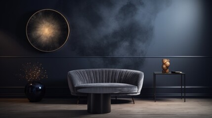 Empty  expensive elegant dark textured grey room interior with sofa, golden decorations and two tables with decorative circle paiting with golden foil reflection 