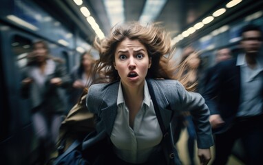 A young business woman running stressful on a subway station to catch the train. Generative AI