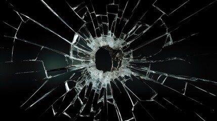 Bullet hole in a cracked glass on a black backdrop as a concept for destruction and shattered life as a result of destructive impact of bad habits like alcohol and gambling
