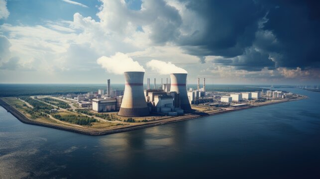 Steaming nuclear plant surrounded by water and greay clouds in the sky over it showing the way to green energy power generation