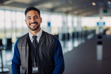 Naklejka premium Portrait of a handsom young steward in his outfit, in the middle of an airport