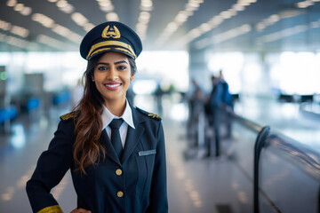 Portrait of a beautiful young pilot in her outfit, in the middle of an airport - obrazy, fototapety, plakaty