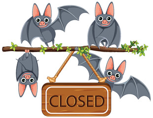 Bats Standing on Tree Branch with Closed Sign