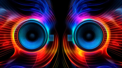 Abstract colorful sound speakers on a black background. Music concept. - obrazy, fototapety, plakaty
