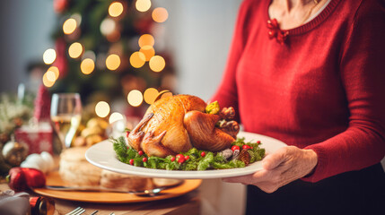 Senior Woman Holding a Plate with a Succulent Roasted Turkey, the Centerpiece of a Joyous Christmas Dinner Celebration

