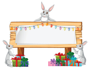 Rabbits Celebrating with Gift Boxes and Signboard