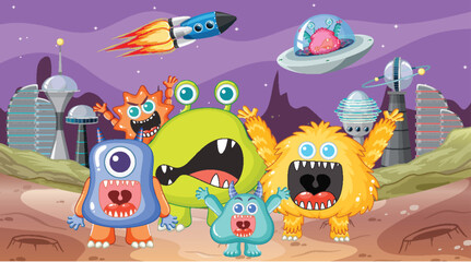 Obraz na płótnie Canvas Cute Alien Monster Cartoon Friends in Outer Space
