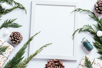  White Frame with Fir Leaves and Pine Cones Mockup