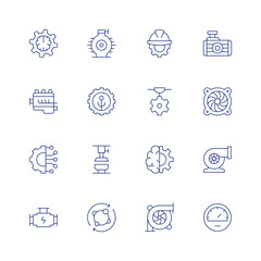 Engineering line icon set on transparent background with editable stroke. Containing artificial intelligence, car engine, connection, engine, engineering, hydraulic, machine learning, metabolism.
