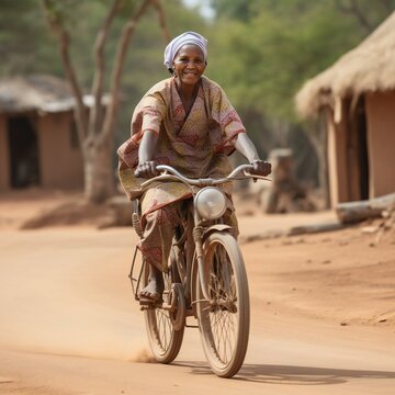 photography of African woman in colorful clothes on bike on a dirt road, outdoors on a sunny day
