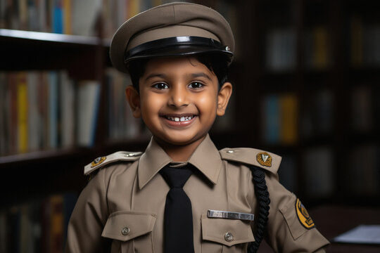Cute indian little boy in police uniform