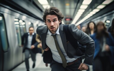 A young businessman running stressful on a subway station to catch the train. Generative AI