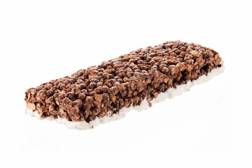 Oat and nut bar isolated on white. Granola bar. Healthy sweet dessert snack. Cereal granola bar with nuts, fruit and berries. Healthy munchies. 