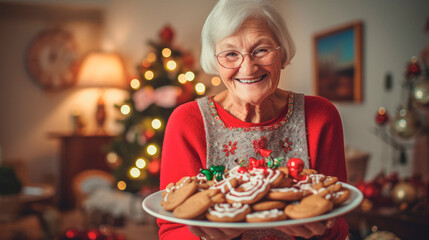Senior Woman Holding a Plate Laden with Traditional Seasonal Christmas Biscuits and Sweets, Spreading the Warmth of Festive Cookies
