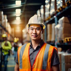 A worker in a warehouse in a high visibility vest and hard hat helmet.