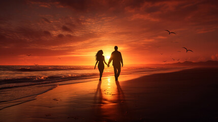Fototapeta na wymiar silhouette of couple walking on the beach