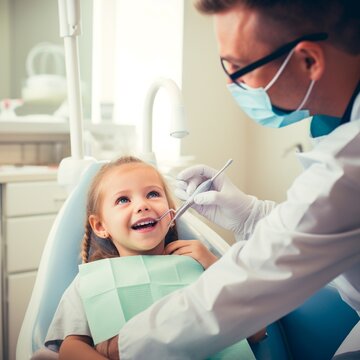 a little Girl doing dentistry in the dental room with a dentist. 