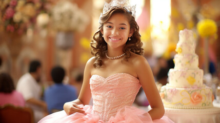 Happy 15 year old girl in dress celebrating Quinceanera