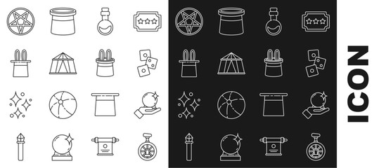 Set line Unicycle or one wheel bicycle, Magic ball hand, Game dice, Bottle with love potion, Circus tent, Magician hat rabbit ears, Pentagram in circle and icon. Vector