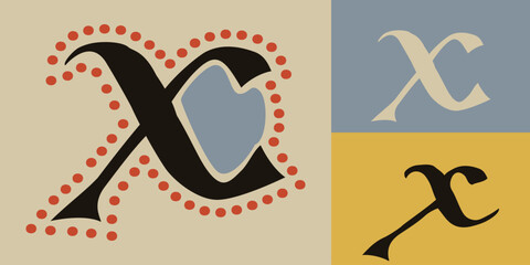 Letter X logo. Lindisfarne calligraphy in majuscule Celtic, Anglo-Saxon, Irish style with red dots pattern.