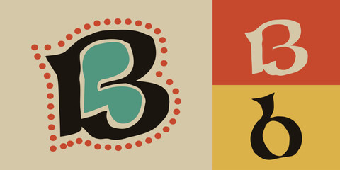 Letter B logo. Lindisfarne calligraphy in majuscule Celtic, Anglo-Saxon, Irish style with red dots pattern.