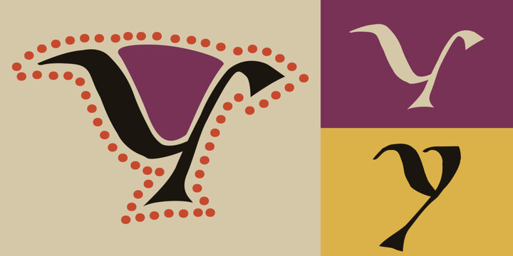 Letter Y logo. Lindisfarne calligraphy in majuscule Celtic, Anglo-Saxon, Irish style with red dots pattern.