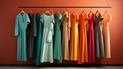 bright clothes on hangers in a fashion store