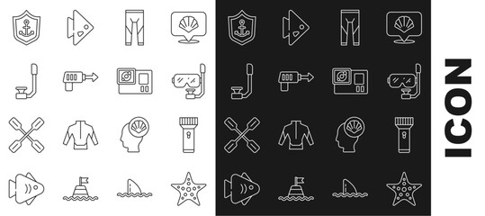 Set line Starfish, Flashlight, Diving mask and snorkel, Wetsuit, Fishing harpoon, Snorkel, Anchor inside shield and Action camera icon. Vector