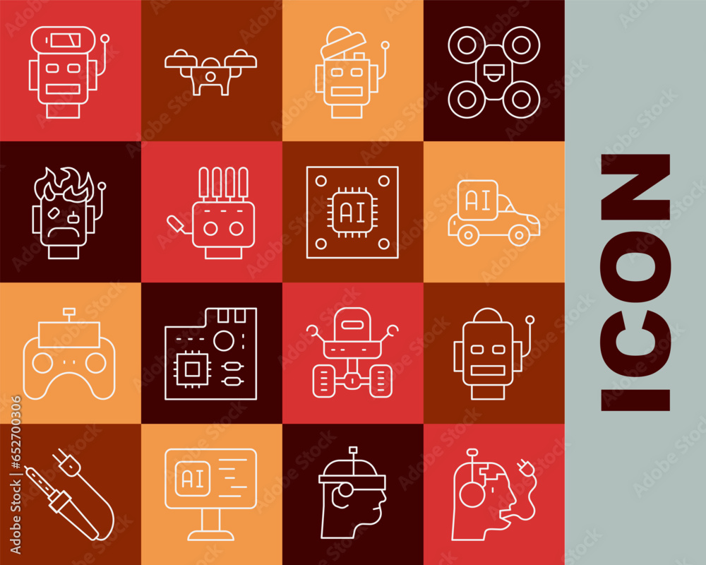 Poster set line robot charging battery, autonomous smart car, mechanical robot hand, burned out, low charge