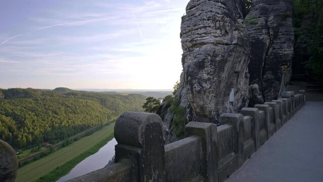 Bridge Over Germany Elbe River - Dolly, wide, smooth shot over edge