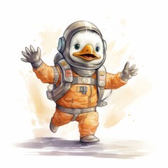 duck in spacesuit cartoon character on white background.