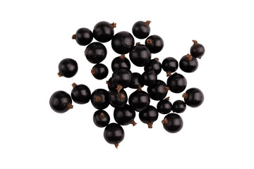 heap of black currant berries isolated on white background with clipping path, top view