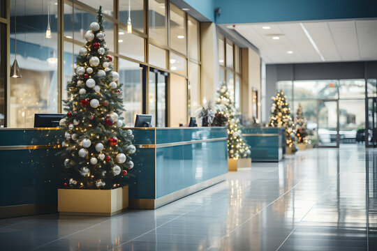 An abstract blurred office interior background at the reception center, beautifully adorned with Christmas decorations. Capture the festive and welcoming holiday spirit.