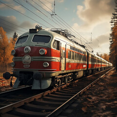 Obraz premium train on the railway track - 60's red electric train in woods scenic background with trees. 