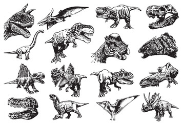 Graphical big set of dinosaurs isolated on white background,vector illustration for tattoo and printing